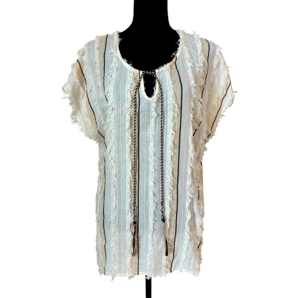 Mudo Collection LARGE Stripe Textured Fringe Swim Beach Coverup Kimono Top Boho